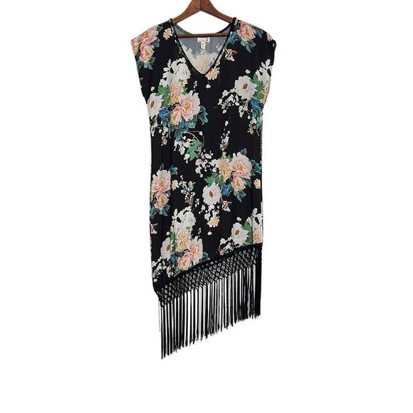 Urban Renewal Floral V-neck Asymmetric Fringe Hem Midi Dress Black Multi S/M - Picture 2 of 8